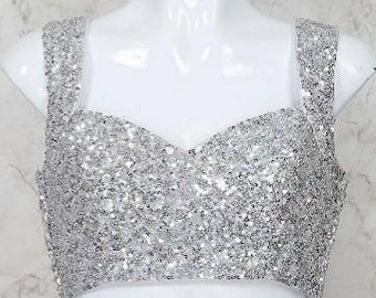 Silver sequin blouse, Indian Designer Blouse, Saree Blouse, Sari Blouse,  Crop Top, Ready-made Blouse.