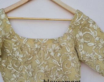 Beige Gota Work Blouse, Elbow Sleeves Blouse, Indian Designer Blouse, Saree Blouse, Sari Blouse, Crop Top, Wedding Blouse, Ready-made Blouse
