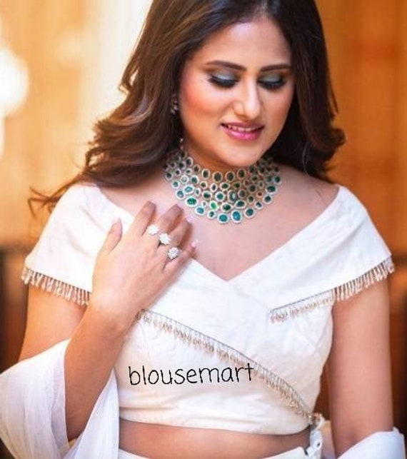 White silk Blouse, Pearl Hanging Blouse, Designer Blouse, Indian Blouse, Saree Blouse, Sari Blouse, Crop top, Ready-made blouse