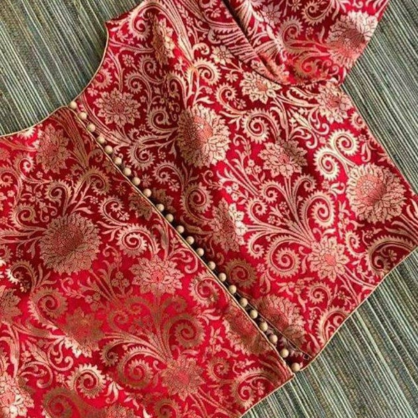 Red Boat Neck Brocade Banarsi Blouse, Indian Blouse, Designer Blouse, Saree blouse, Sari Blouse, Lehenga choli