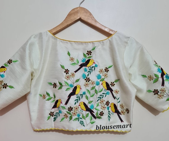 White Embroidery Blouse, Boat Neck Blouse, Indian Designer Blouse