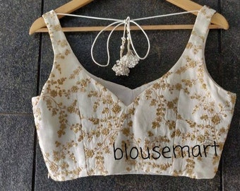 Blusa blanca de cuello de novia, Blusa sin mangas, Blusa de diseñador indio, Blusa de saree, Blusa de Sari, Crop Top, Blusa ya hecha, Blusa de boda