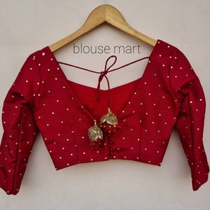 Mahroon Red V neck Blouse, Indian Designer blouse, paded sleeves blouse with Dori tassals,  Saree Blouse, Sari Blouse, Ready-made Blouse.