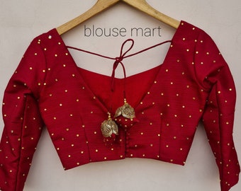 Mahroon röd V-ringad blus, indisk designerblus, blus med vadderade ärmar och Dori-tossar, Sari-blus, Sari-blus, Färdigblus.