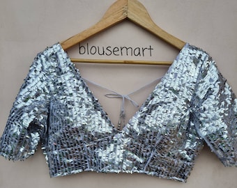 Silver Sequin blouse,  V neck Blouse,  Elbow Sleeves Blouse,  Indian Designer Blouse, Saree Blouse, Sari Blouse, Crop Top, Ready-made Blouse