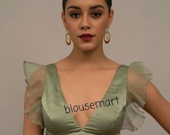 Green V neck Blouse, Indian Designer Blouse, Bellsleeves Blouse,  Saree Blouse,  Sari Blouse, crop Top, Wedding Blouse,  Ready-made Blouse.