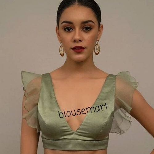 Green V Neck Blouse Indian Designer Blouse Bellsleeves - Etsy