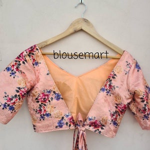 Peach V neck Blouse, Elbow Sleeves blouse, Indian Designer Blouse,  Saree Blouse,  Sari Blouse, Crop Top, Banarsi Blouse, Ready-made Blouse