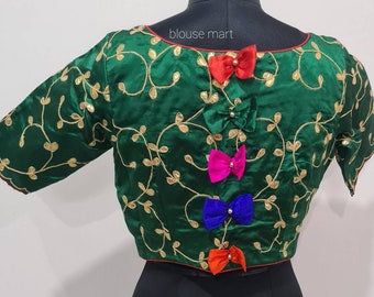 Dark Green Gota Patti blouse, Indian Designer Blouse, Multi Bow In Back, Saree Blouse, Sari Blouse, Ready-made Blouse.