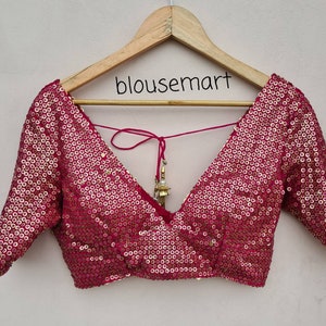Pink Sequin Blouse,  V neck Blouse,  Elbow Sleeves Blouse,  Indian Designer Blouse,  Saree Blouse, Sari Blouse, Crop Top, Ready-made Blouse