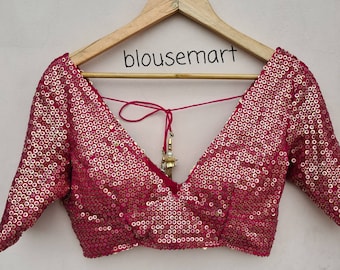 Pink Sequin Blouse,  V neck Blouse,  Elbow Sleeves Blouse,  Indian Designer Blouse,  Saree Blouse, Sari Blouse, Crop Top, Ready-made Blouse