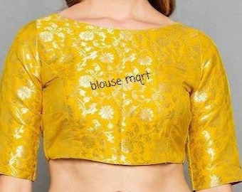 Blusa in broccato giallo, camicetta collo barca, blusa maniche gomito, camicetta saree, camicetta sari, raccolto - Top, blusa già pronta.