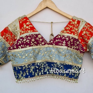 Multi color V neck Blouse, Indian Designer Blouse, Saree Blouse, Sari Blouse, Crop Top, Wedding Blouse, Ready-made Blouse, Customize Blouse