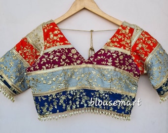 Blusa multicolor con cuello en V, blusa de diseñador indio, blusa Saree, blusa sari, crop top, blusa de boda, blusa confeccionada, blusa personalizada