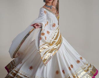 Lehenga de algodón blanco chanderi, Lehenga de diseñador indio, Lehenga con bordado Gota, Lehenga de boda, Chaniya Choli, Lehenga confeccionada, Lehenga de baile