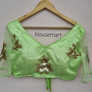 Green Net V neck Blouse, Elbow Sleeves Blouse,  Indian Designer Blouse,  Saree Blouse,  Sari Blouse,  Crop Top,  Ready-made Blouse.