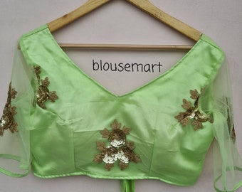 Green Net V neck Blouse, Elbow Sleeves Blouse,  Indian Designer Blouse,  Saree Blouse,  Sari Blouse,  Crop Top,  Ready-made Blouse.