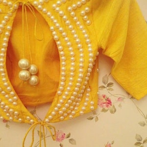 Yellow Pearl Work Blouse, Keyhole Neck , Paded Blouse, Elbow Sleeves, Saree Blouse, Sari Blouse, Ready-made Blouse.