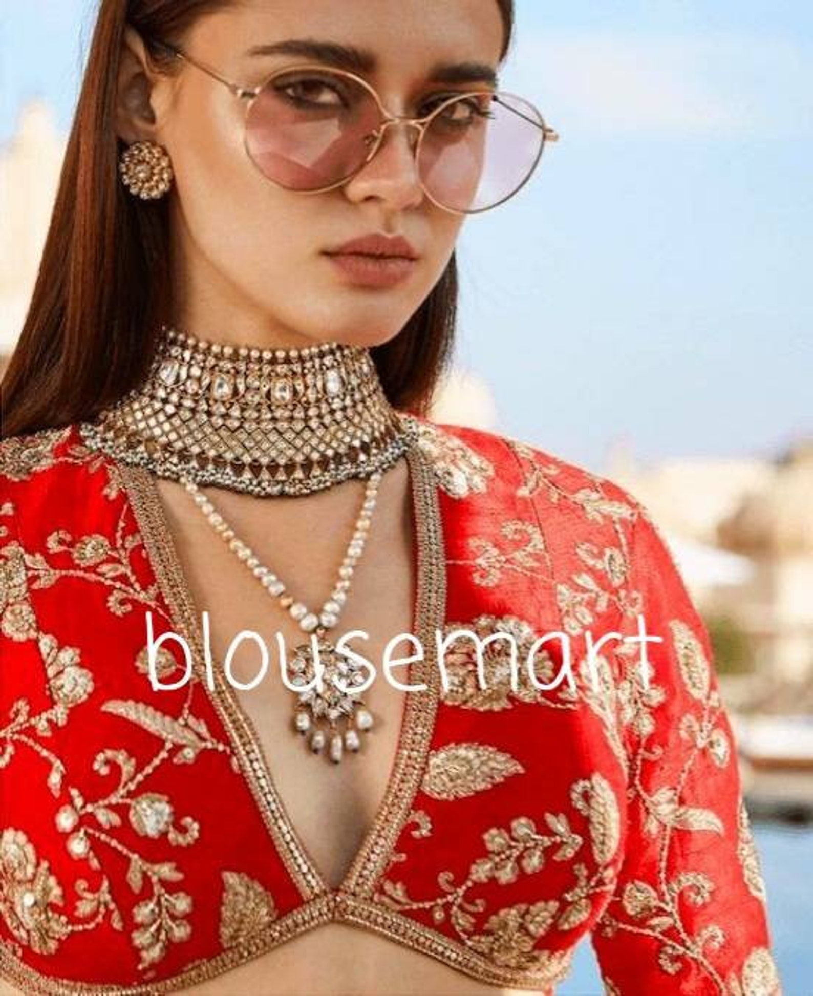 Red Pure Roman Silk Sabyasachi Style Sleeveless Blouse main image 1