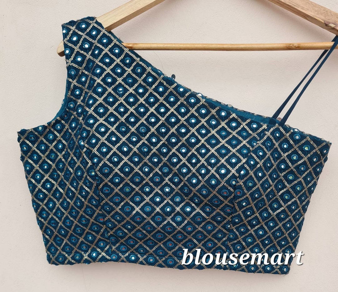 Blue Mirror Work Blouse, One Shoulder Blouse, Saree Blouse, Sari Blouse