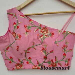 Pink One Shoulder Embroidery blouse, Wedding blouse, Saree Blouse, Sari Blouse, Crop Top, Ready-made Blouse.