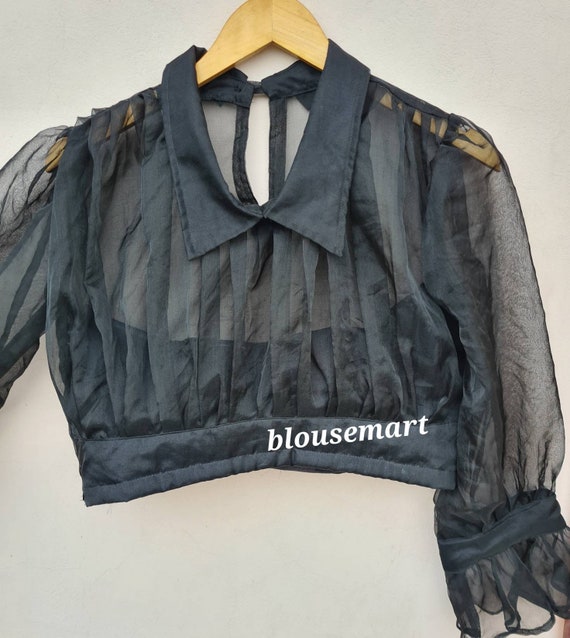 Buy Black Organza Pluffy Blouse, Puff Sleeves Collared Blouse