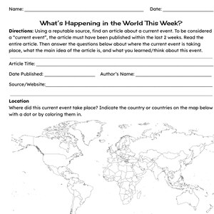 以下が含まれることがあります： 「What's Happening in the World This Week?」と題された白いワークシート。記事の詳細と場所を示す世界地図が含まれています。このワークシートは、現在のイベントを分析するために設計されています。