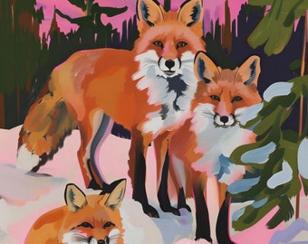 Mystical Fox Family Night Print, Enchanted Forest Wall Art, Foxes Under Full Moon, Maximalist Wildlife Decor, Woodland Animal Poster