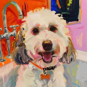 Poedel hond kunst aan de muur, maximalistische badkamer decor, dopamine hond moeder cadeau, trendy toilet poster, roze kitsch esthetiek, grappige hond print