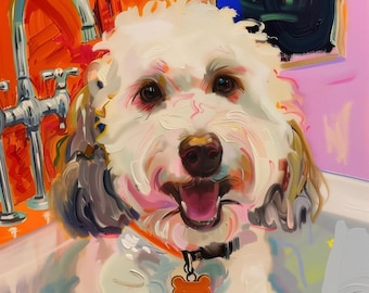 Verspielter Pudel Hund Leinwanddruck, Maximalist Badezimmer Wandkunst