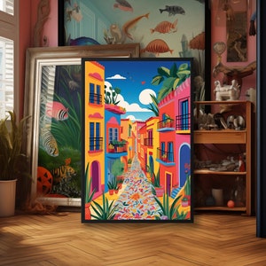 Vibrant Colorful Mexican Art, Maximalist Wall Art, Colorful Houses Print, Street Illustration, Eclectic Trendy Wall Art, Fine Art Print