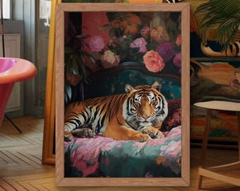 Tiger on Bed Art Print, Maximalist Tiger Wall Decor