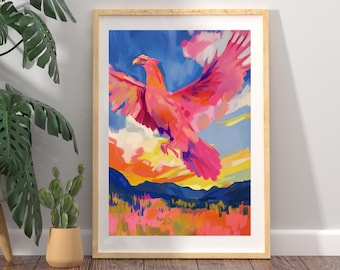 Vibrant Phoenix Wall Art, Majestic Bird Oil Painting, Colorful Mythical Bird Poster, Firebird Fantasy Decor, Maximalist Flying Phoenix Print