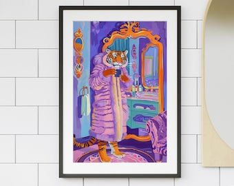 Tiger in a Fur Coat Print | Maximalist Animal Wall Art | Whimsical Bathroom Decor | Bold Tiger Poster | Eclectic Jungle Art