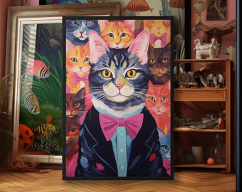 Colorful Quirky Cat Art Print, Whimsical Feline Poster