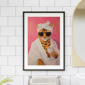 Cat Bathroom Art, Funny Cat in Bathrobe Print, Maximalist Animal Wall Decor, Cool Cat Illustration Whimsical Feline Artwork Cat Lover