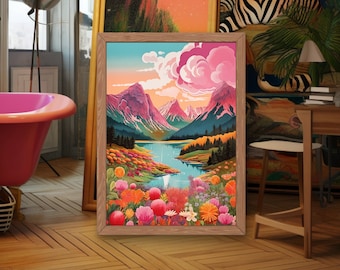 Colorful Landscape Art Print, Maximalist Dopamine Decor