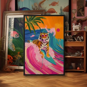 Vibrant Beach Decor, Bathroom Wall Art, Colorful Surfing Tiger Wall Art, Animal Print, Tropical Poster, Summer Vibes, Ocean Wave Art