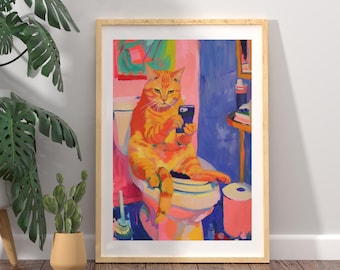 Maximalist Cat Bathroom Wall Art – Humorous Feline Decor, Quirky Cat in Bathroom Print, Funny Cat Lover Gift, Whimsical Cat Poster