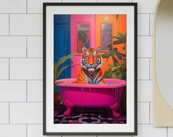 Tiger in Pink Bathtub Art Print, Maximalist Bathroom Decor