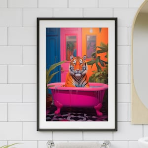Maximalist Dopamine Decor, Whimsical Art Print, Tiger In a Bath Print, Bathroom Wall Art, Animal in Bathroom Art, Tiger Poster Wall Art