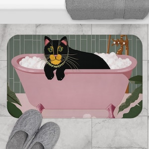 May include: A black cat with yellow eyes sits in a pink bathtub filled with bubbles. The bathtub has a gold faucet and is surrounded by green plants. The background is a green tiled wall.