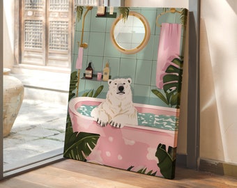 Whimsical Polar Bear Canvas Print, Maximalist Bathroom Art