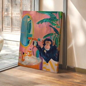 Grappige aap badkamer canvasafdruk, kleurrijke dieren canvas muur decor, grillige tropische jungle canvas poster, eigenzinnige badkamer muurkunst