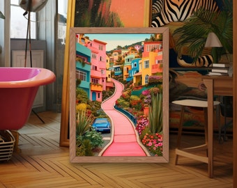 メキシコの村落　カラフルな民俗画 メキシコの村のアートプリント：カラフルな街の風景、トロピカルな装飾