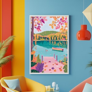 Impressão de arte de paisagem de outono colorida, decoração de parede de natureza cênica, pôster vibrante de lago de outono, pintura de reflexão de montanha, arte de cabana aconchegante