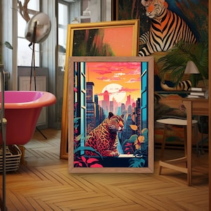 Jaguar in New York Art Print: Colorful Maximalist Wall Decor