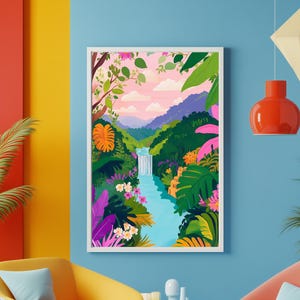 Tropischer Dschungel Wandkunst, lebendige Wasserfall Landschaft Druck, Maximalist Natur Poster, Buntes exotisches Walddekor, Maximalist Home Print