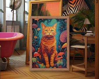 70s Psychedelic Cat Art Print, Retro Home Decor