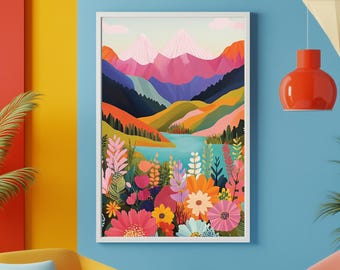 Colorful Landscape Wall Art, Floral Mountain Poster, Vibrant Nature Print, Bright Wildflower Artwork, Botanical Scenic Decor